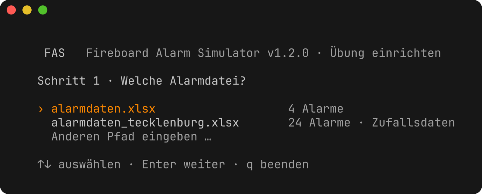 Startbildschirm: Alarmliste wählen